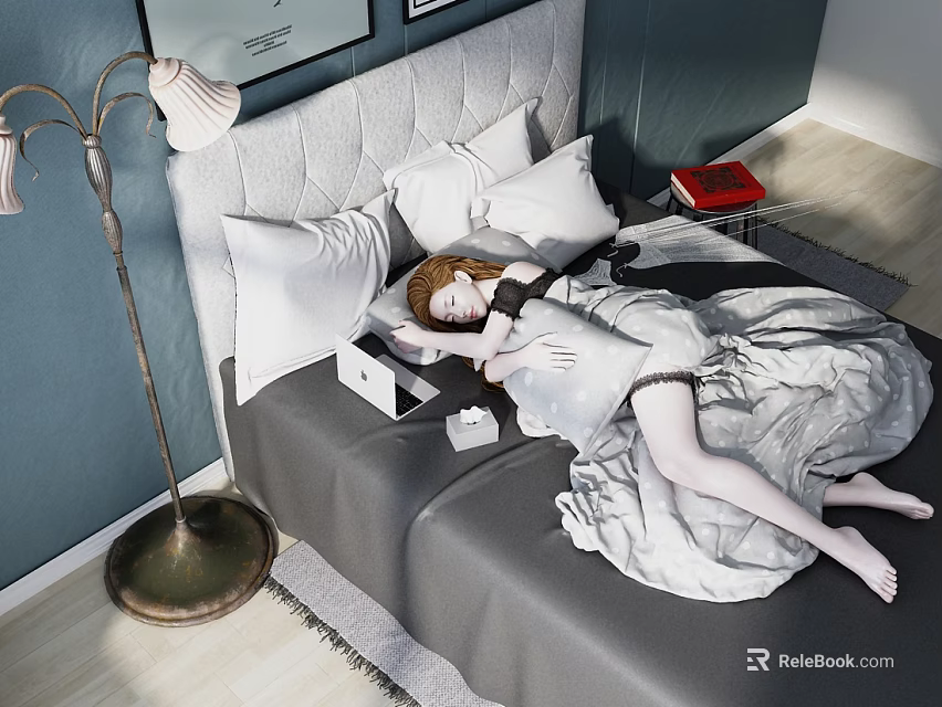 Woman Lying on Bed with Gray Bedspread White Pillows Tufted Headboard Lamp Red Nightstand Item 3d model 