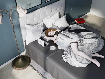 Woman Lying on Bed with Gray Bedspread White Pillows Tufted Headboard Lamp Red Nightstand Item 3d model