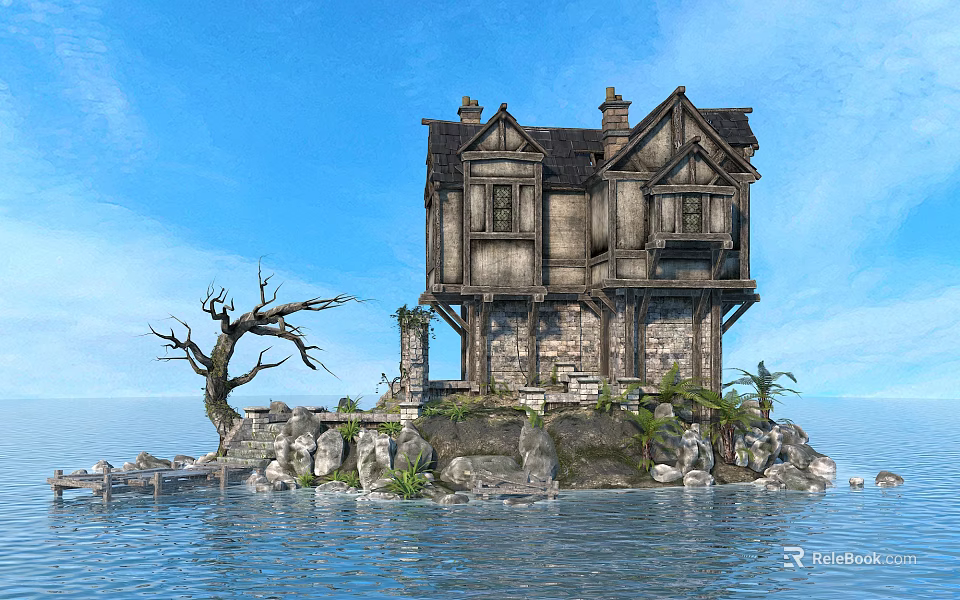 Ancient Stone House on Small Island Surrounded by Water Dead Tree and Palm Trees 3d model 