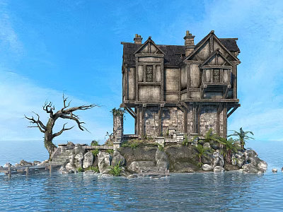 Ancient Stone House on Small Island Surrounded by Water Dead Tree and Palm Trees 3d model
