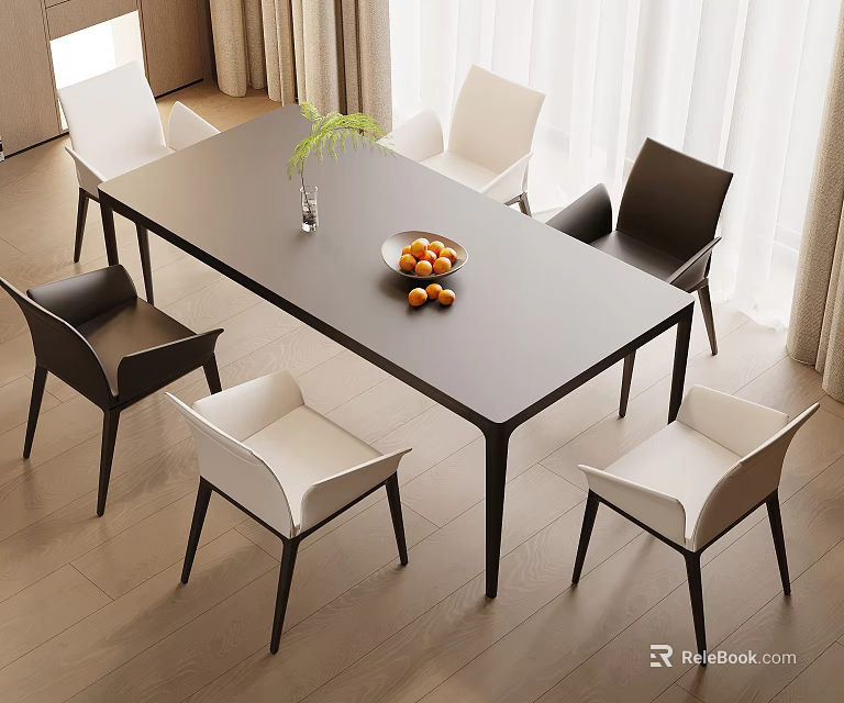 Modern Dining Table Set with Black and White Chairs Vase Green Plant and Fruit Bowl 3d model 