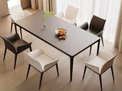 Modern Dining Table Set with Black and White Chairs Vase Green Plant and Fruit Bowl 3d model