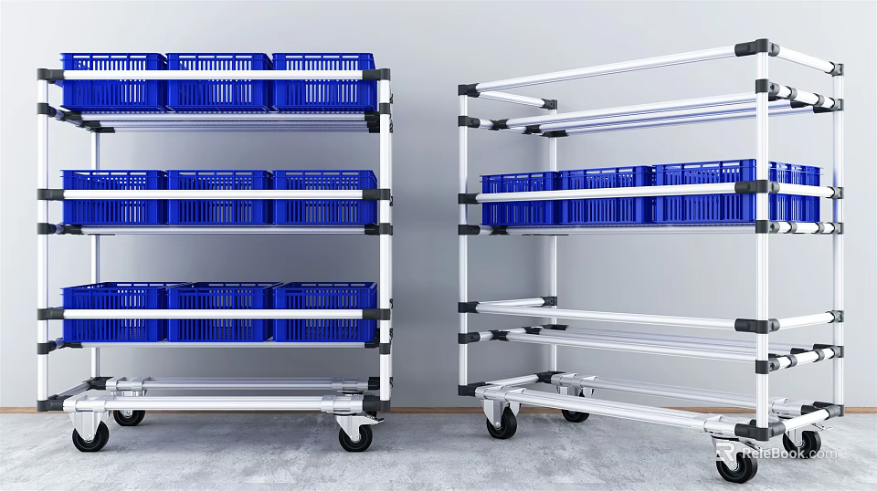 Metal Storage Shelving Units With Wheels And Blue Plastic Baskets 3d model