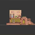 Playful Cartoon Scene Pink Multi Level Building With Detailed Room Interior Staircase And Balcony