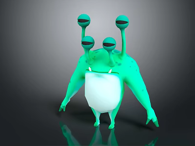 Green 3D Cartoon Creature With Multiple Eyes White Belly And Glossy Four Limbs Digital Art 3d model