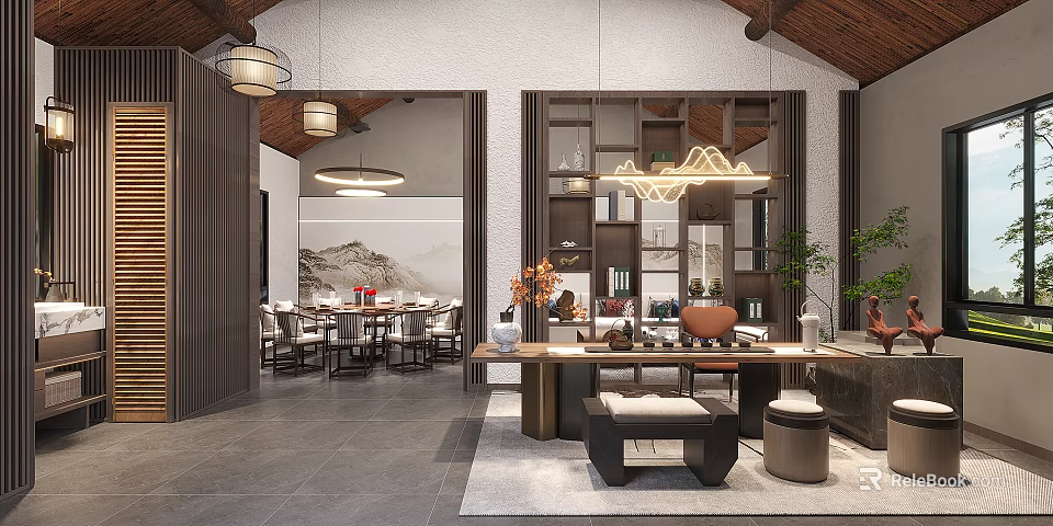 Chinese Style Interior Design Featuring Living Dining Area Wooden Furniture Pendant Lights And Landscape Painting 3d model 
