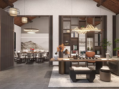 Chinese Style Interior Design Featuring Living Dining Area Wooden Furniture Pendant Lights And Landscape Painting 3d model