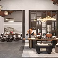 Chinese Style Interior Design Featuring Living Dining Area Wooden Furniture Pendant Lights And Landscape Painting