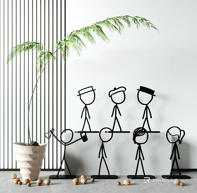 Minimalist Black Line Design Decorative Figurine Set With Potted Plant For Modern Home Decor 3d model 