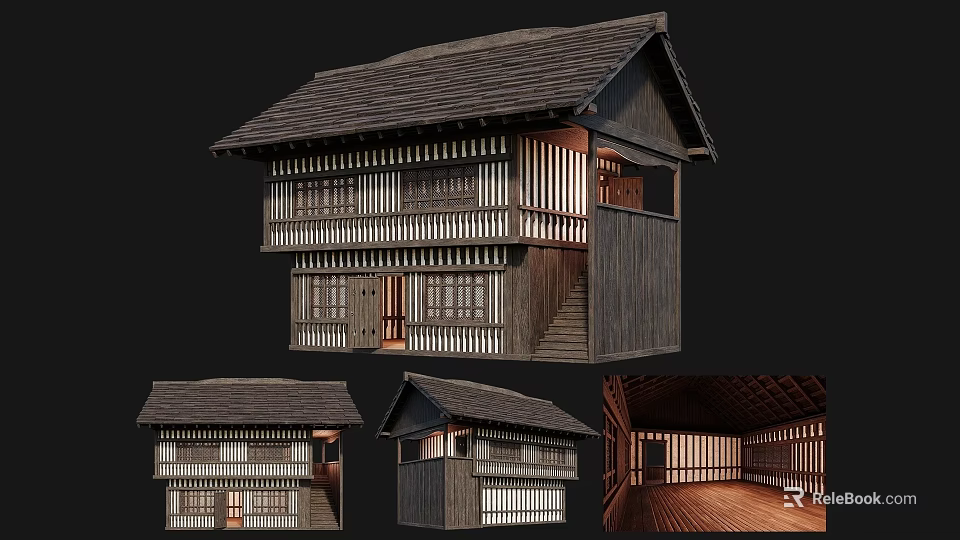 Traditional Ancient Architecture With Wooden Structure Tile Roof Lattice Windows And Interior Design 3d model 