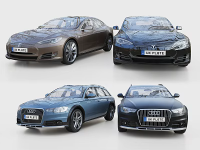 Tesla and Audi Cars in Brown Blue and Black Colors with Different Models on 3d model