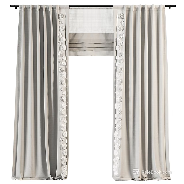 Elegant Grey Curtains with Lace Trim and Pleats for Home Interior Decor 3d model 