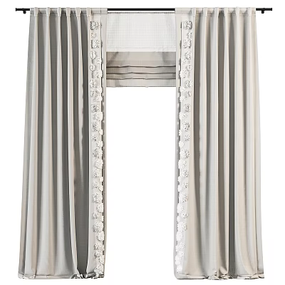 Elegant Grey Curtains with Lace Trim and Pleats for Home Interior Decor 3d model