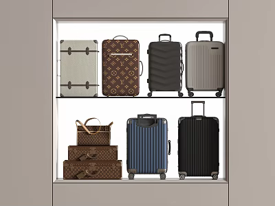 Various Luggage and Bags on Shelf Display with Different Styles Colors and Designs 3d model