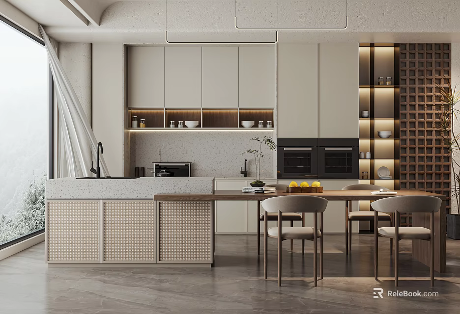 Modern Open Concept Restaurant Interior With Island Dining Table And Chairs 3d model 