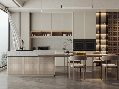 Modern Open Concept Restaurant Interior With Island Dining Table And Chairs 3d model