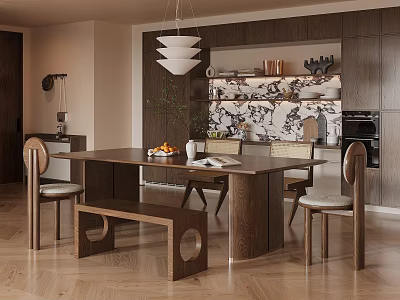 Warm Modern Restaurant Interior With Wooden Dining Table Chairs Bench Pendant Lights And Decorative Wall 3d model