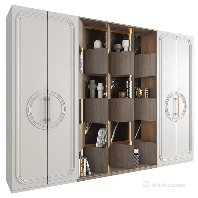 Luxury Modern Decorative Cabinet With Wooden White Panels Glass Doors And LED Lighting 3d model 