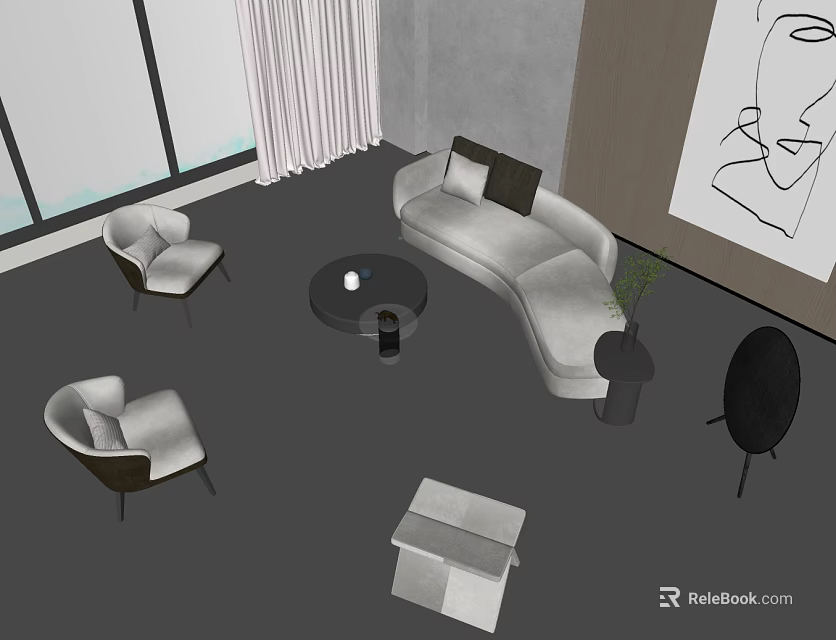 Modern Sofa And Coffee Table Set In Living Room With Accent Chairs And Decorative Painting 3d model 