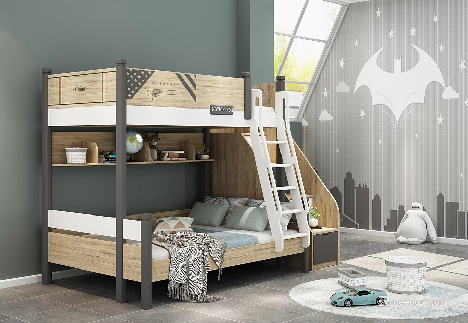 Wooden White Bunk Bed For Kids Room With Ladder Storage Batman Design Gray Wall 3d model 