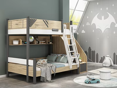 Wooden White Bunk Bed For Kids Room With Ladder Storage Batman Design Gray Wall 3d model