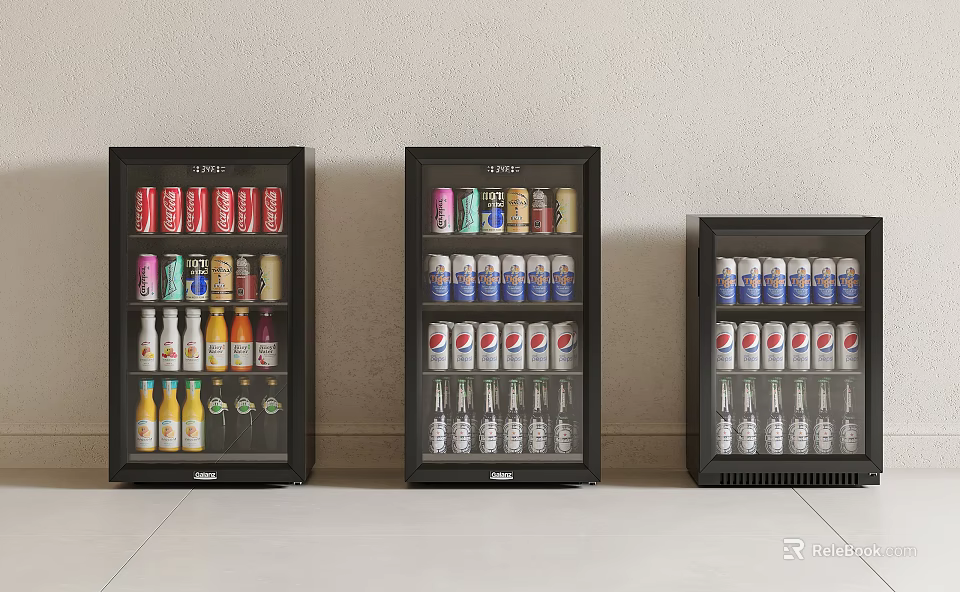 Three Black Display Wine Cabinets With Various Canned And Bottled Drinks 3d model
