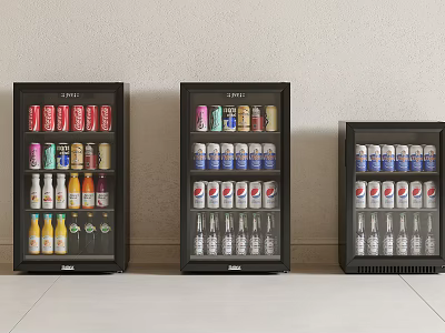 Three Black Display Wine Cabinets With Various Canned And Bottled Drinks 3d model