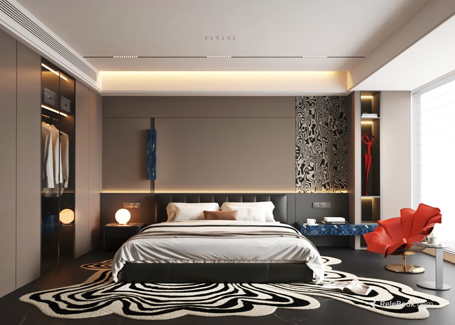 Modern Bedroom Interior Design With Large Bed Black White Zebra Pattern Rug And Red Chair 3d model 