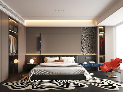 Modern Bedroom Interior Design With Large Bed Black White Zebra Pattern Rug And Red Chair 3d model