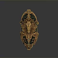 Ornate Bronze Green Shield Featuring Lion Head Carving Intricate Patterns And Gemstone Accents