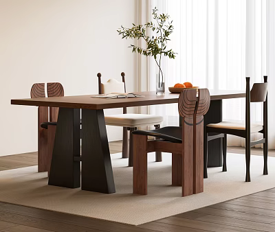 Modern Wooden Table And Chairs Set With Unique Design Vase And Oranges In Living Space 3d model