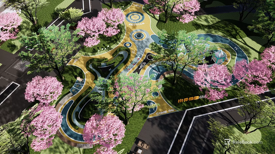 Kids Play Area Featuring Cherry Blossom Trees Green Lawns Colorful Curved Pathways Circular Play Designs 3d model 
