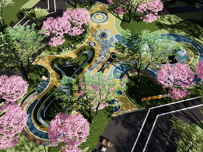Kids Play Area Featuring Cherry Blossom Trees Green Lawns Colorful Curved Pathways Circular Play Designs 3d model