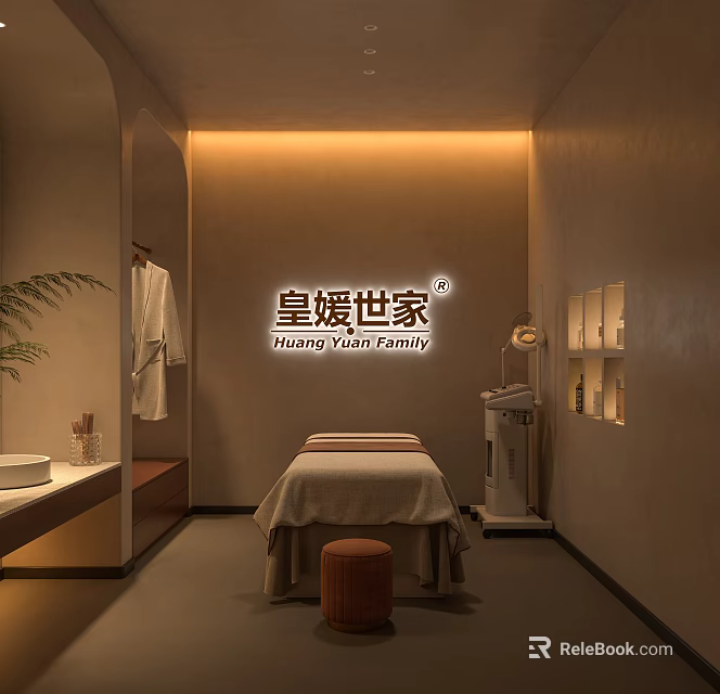 Cozy SPA Sauna Room With Massage Bed Potted Plant And Warm Lighting 3d model 