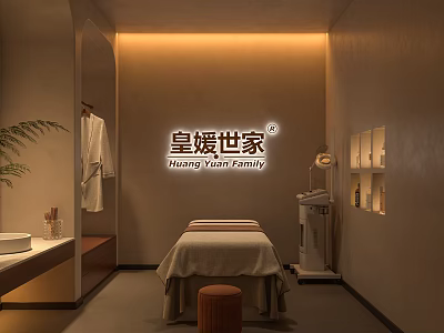 Cozy SPA Sauna Room With Massage Bed Potted Plant And Warm Lighting 3d model