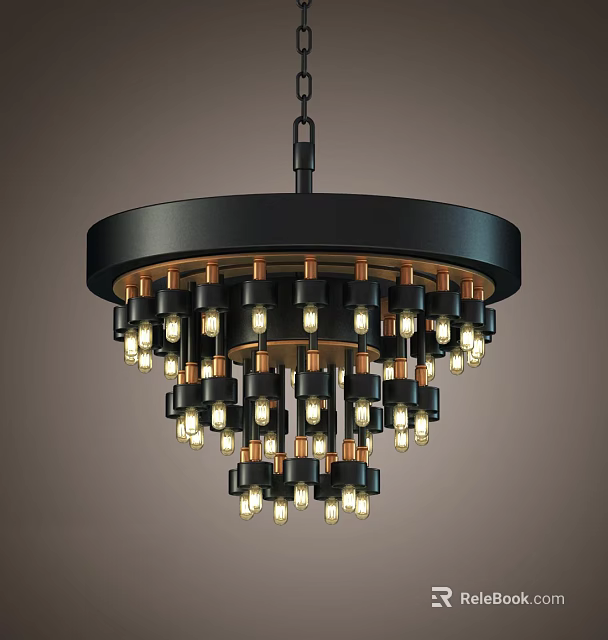 Multi Tiered Black Frame Chandelier With Illuminated Bulbs And Brass Accents 3d model 