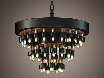Multi Tiered Black Frame Chandelier With Illuminated Bulbs And Brass Accents 3d model