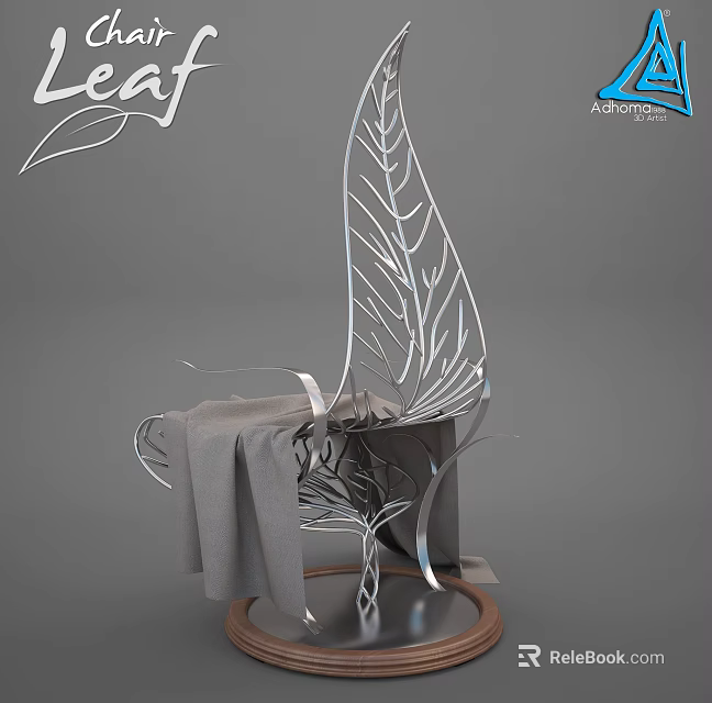 Leaf Shaped Metal Single Chair with Gray Cloth and Circular Base Design 3d model