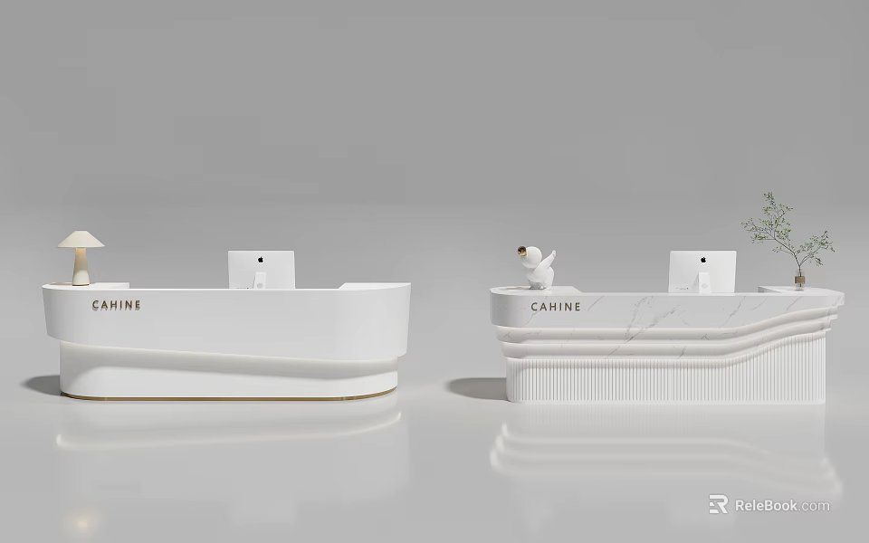 Modern White CANINE Reception Desk With Decorative Small Statues And Green Plants 3d model 