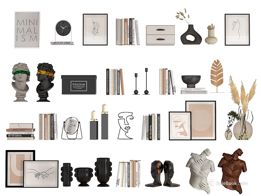 Minimalist Decorative Ornament Set With Sculptures Frames Vases Books And Dried Flowers 3d model 