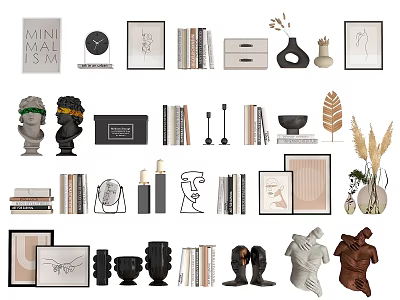 Minimalist Decorative Ornament Set With Sculptures Frames Vases Books And Dried Flowers 3d model
