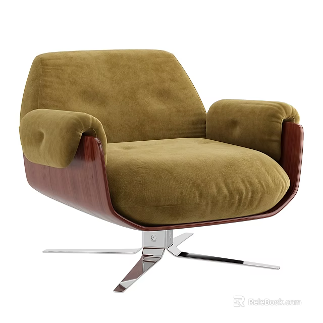 Modern Brown Single Chair With Velvet Upholstery Wooden Arms And Metal Base 3d model 
