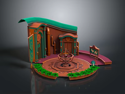Decorative Building Scene Featuring Green Roof Brown Structure Central Fountain Green Plants Red Steps Signpost 3d model