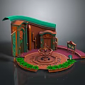 Decorative Building Scene Featuring Green Roof Brown Structure Central Fountain Green Plants Red Steps Signpost