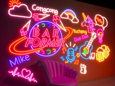 Neon Decorative Lights With Names And Patterns Like Rainbow Unicorn Guitar And Microphone 3d model