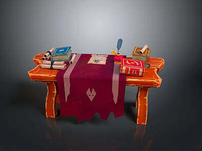 Wooden Entertainment Table With Red Tablecloth Books Quill Pen And Open Paper 3d model