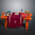 Wooden Entertainment Table With Red Tablecloth Books Quill Pen And Open Paper