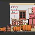 Modern Toy Kitchen Scene With Pink Furniture Pumpkins And Wooden Barrels