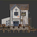 Vintage Cabin Structure With Rusted Roof Wooden Dock Staircase And Storefront Sign