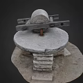 Traditional Stone Mill With Wooden Frame Stone Base and Ancient Grinding Tool